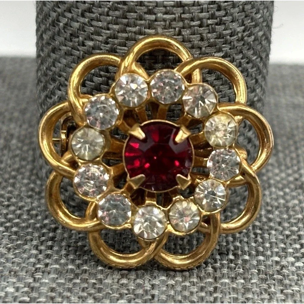 Vintage Filigree Flower Brooch Red Faux Ruby Rhinestone Gold Tone Clear Crystal